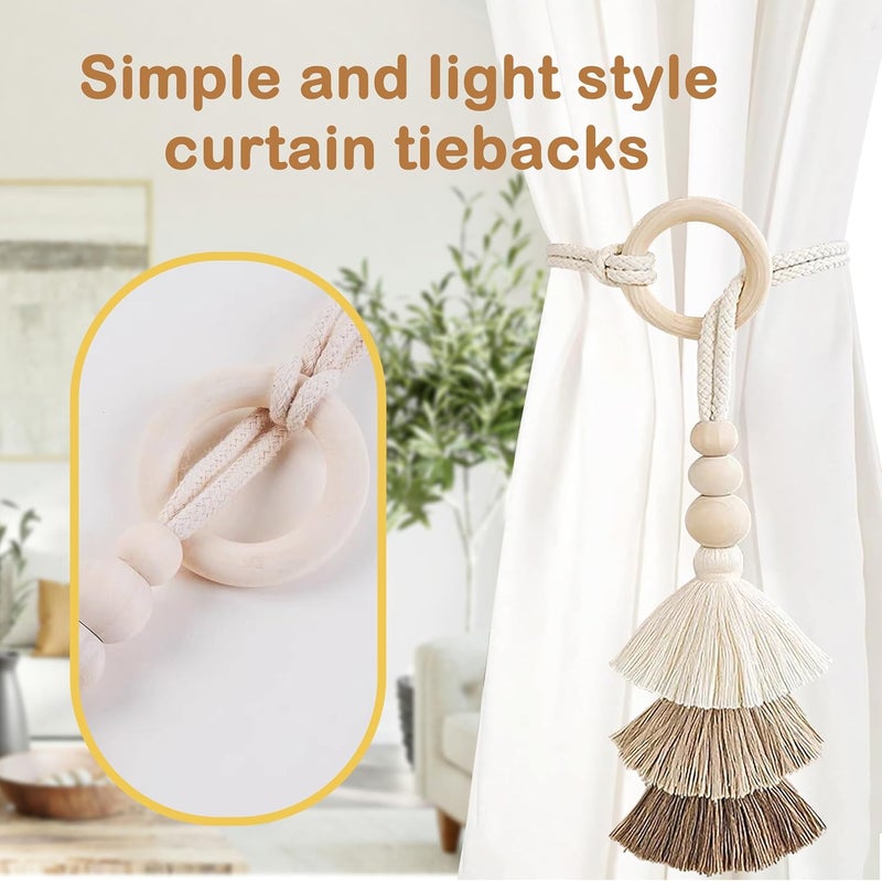 SRG Rope Curtain Tiebacks with Tassel Boho 2 PCS Handmade Wooden Ring Curtain Tie Backs Accessories Wall Decoration Drapery Curtain Holdbacks for Bedroom Window - Image 3